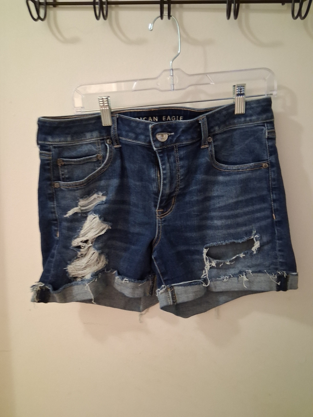 American Eagle Outfitters Midi Women's Distressed Denim Shorts - Dark Blue - Picture 3 of 8